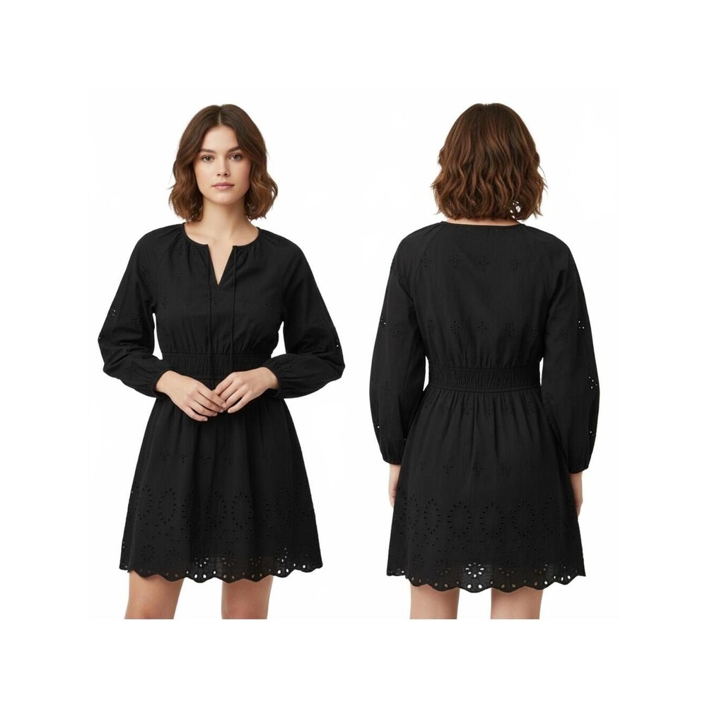 Universal Thread Eyelet Dress Smocked Waist Long Sleeve Black Size S